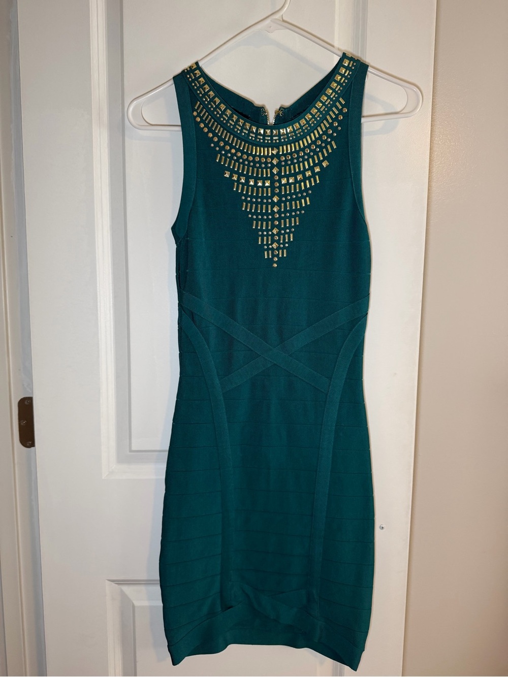 Bebé Teal Bandage Dress with Gold Accent